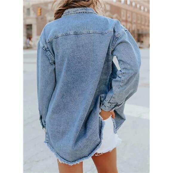 Women's Oversized Denim Blue Jacket Casual‎ Long Sleeve Jean Jacket Fall Spring - Picture 2 of 6